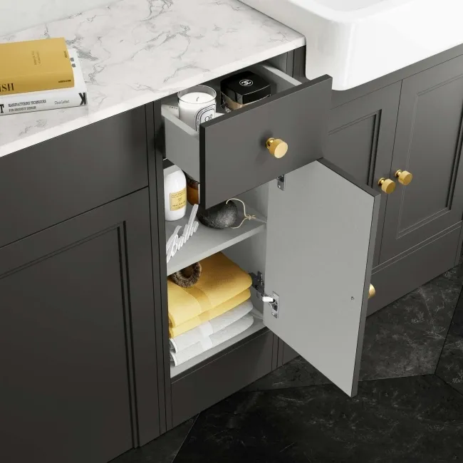 Monaco Graphite Grey Combination Vanity Basin with Marble Top 1500mm (Excludes Pan & Cistern) - Brushed Brass Accents