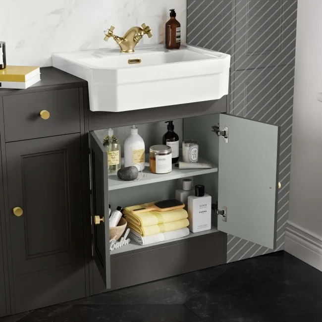 Monaco Graphite Grey Traditional Basin Vanity and Back To Wall Unit 1500mm (Excludes Pan & Cistern) - Brushed Brass Accents