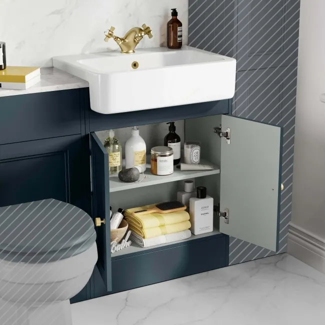 Monaco Inky Blue Combination Vanity Basin with Marble Top 1200mm (Excludes Pan & Cistern) - Brushed Brass Accents