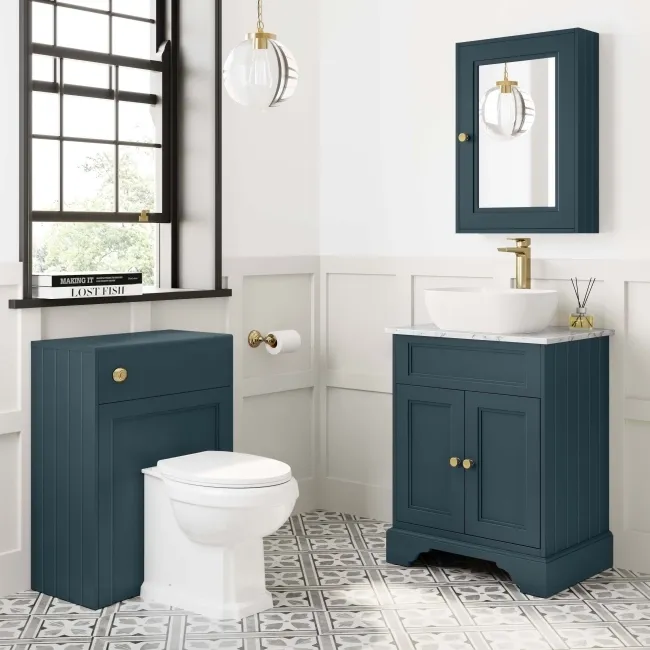 Lucia Inky Blue Vanity with Marble Top & Curved Counter Top Basin 640mm - Brushed Brass Accents