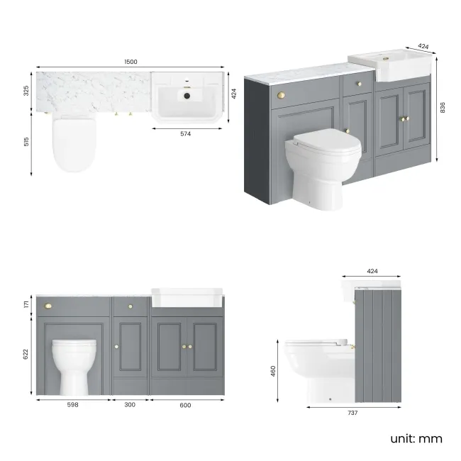 Monaco Dove Grey Combination Vanity Traditional Basin with Marble Top and Seattle Toilet 1500mm - Brushed Brass Accents