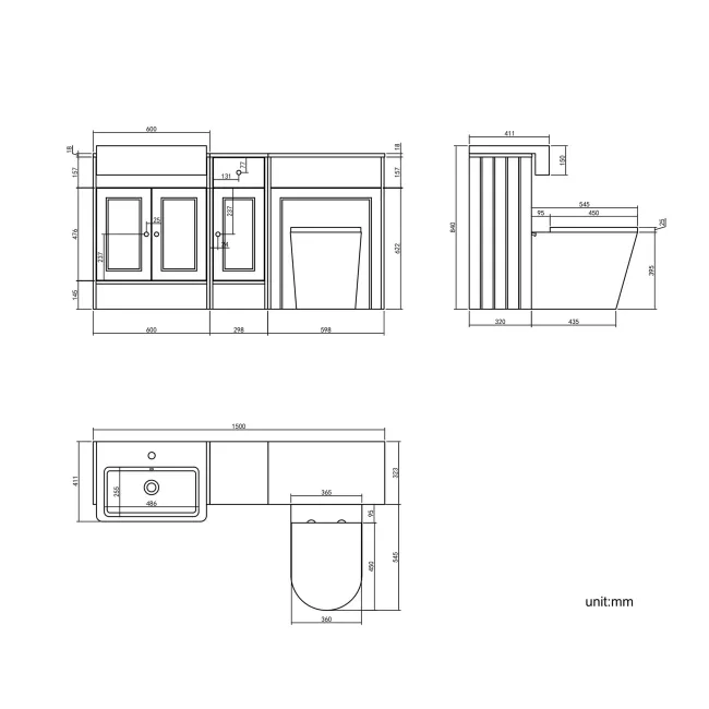 Monaco Graphite Grey Combination Vanity Basin and Boston Toilet 1500mm - Brushed Brass Accents