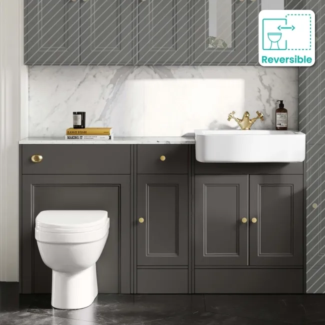Monaco Graphite Grey Combination Vanity Basin with Marble Top and Seattle Toilet 1500mm - Brushed Brass Accents