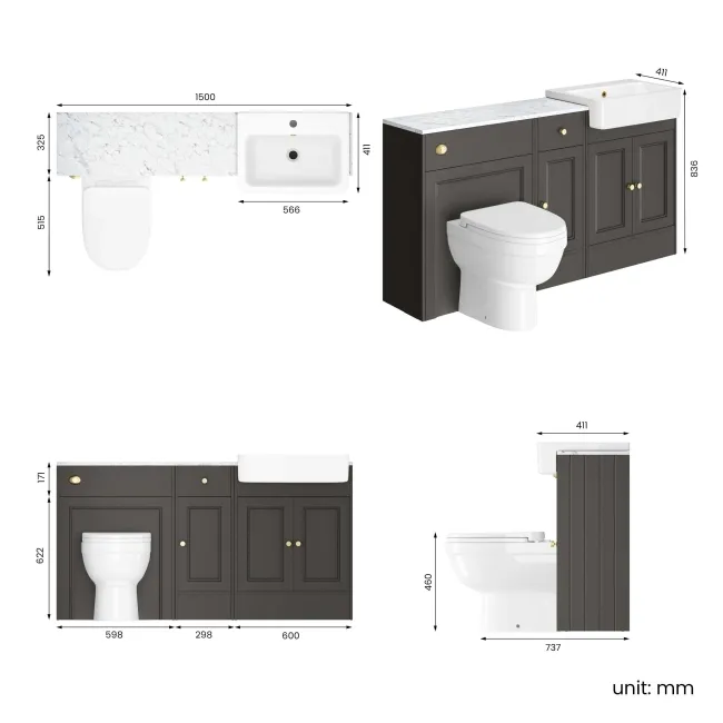 Monaco Graphite Grey Combination Vanity Basin with Marble Top and Seattle Toilet 1500mm - Brushed Brass Accents