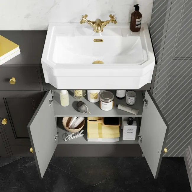 Monaco Graphite Grey Combination Vanity Traditional Basin and Boston Toilet 1500mm - Brushed Brass Accents