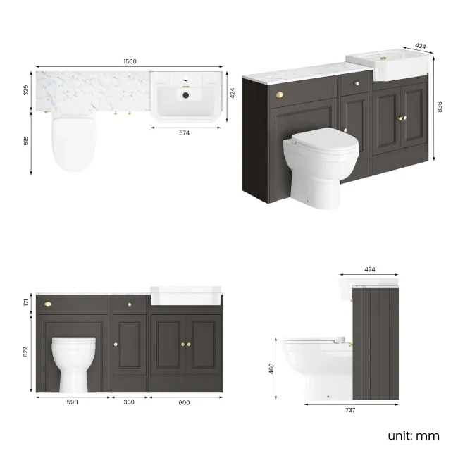 Monaco Graphite Grey Combination Vanity Traditional Basin with Marble Top and Seattle Toilet 1500mm - Brushed Brass Accents