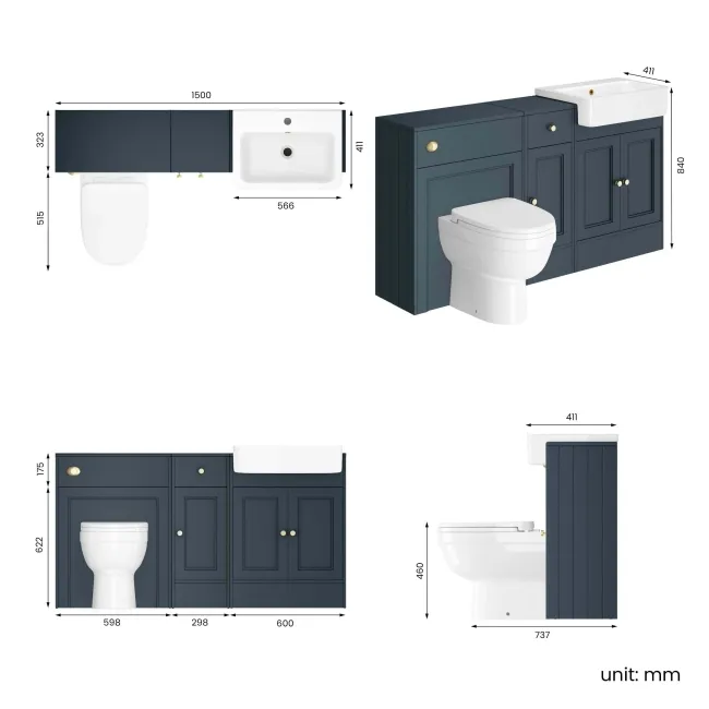 Monaco Inky Blue Combination Vanity Basin and Seattle Toilet 1500mm - Brushed Brass Accents