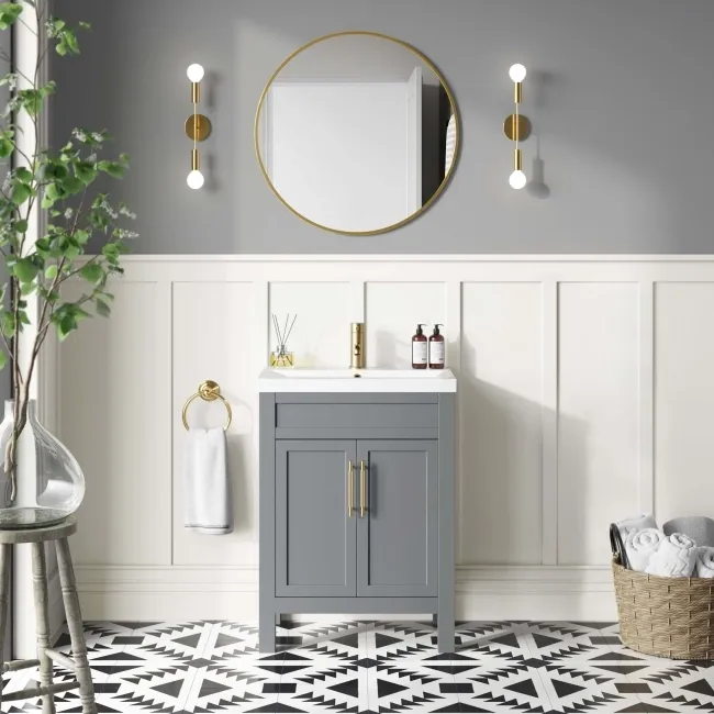 Bermuda Dove Grey Basin Vanity 600mm - Brass Knurled Handles