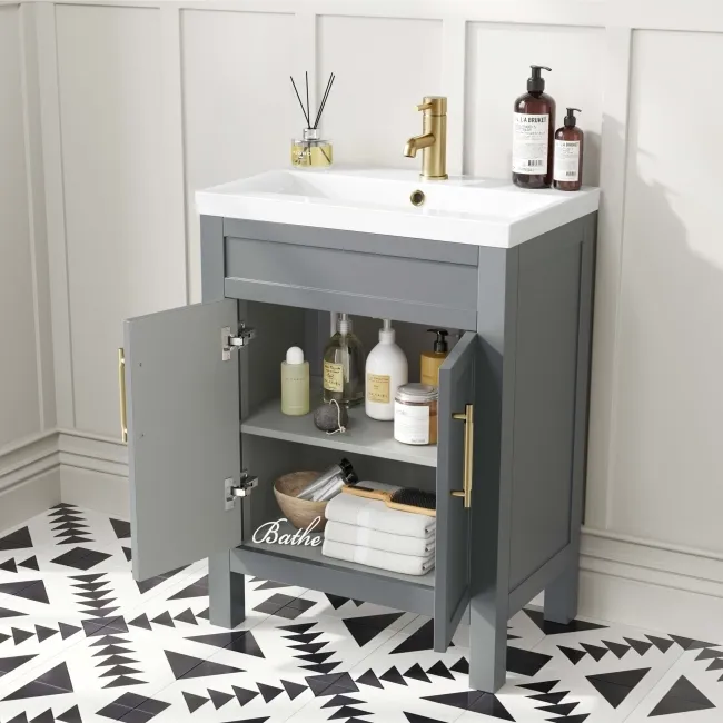 Bermuda Dove Grey Basin Vanity 600mm - Brass Knurled Handles