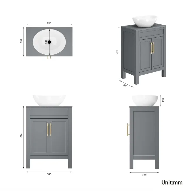 Bermuda Dove Grey Vanity with Oval Counter Top Basin 600mm - Brass Knurled Handles
