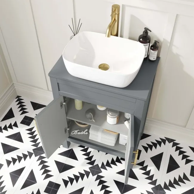 Bermuda Dove Grey Vanity with Curved Counter Top Basin 600mm - Brass Knurled Handles