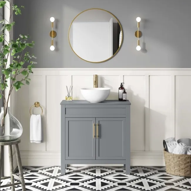 Bermuda Dove Grey Vanity with Round Counter Top Basin 800mm - Brass Knurled Handles