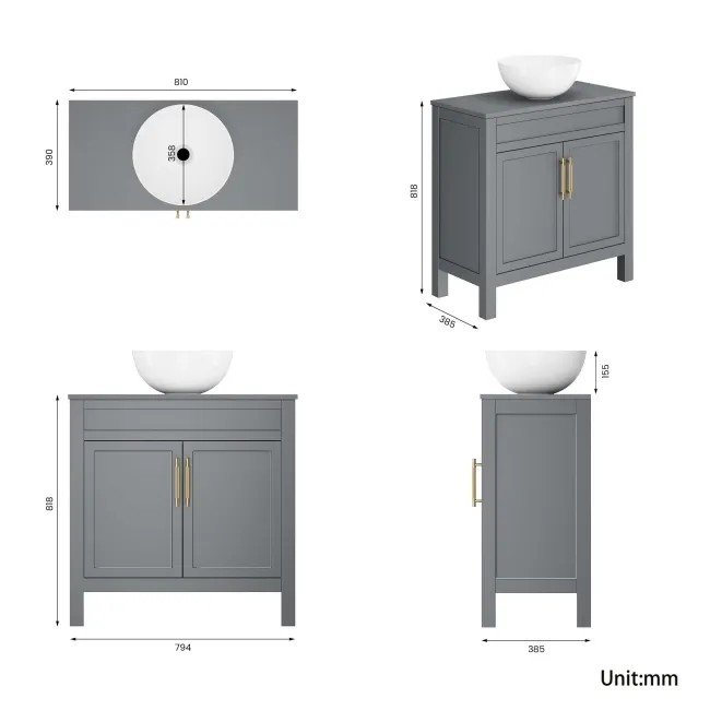Bermuda Dove Grey Vanity with Round Counter Top Basin 800mm - Brass Knurled Handles