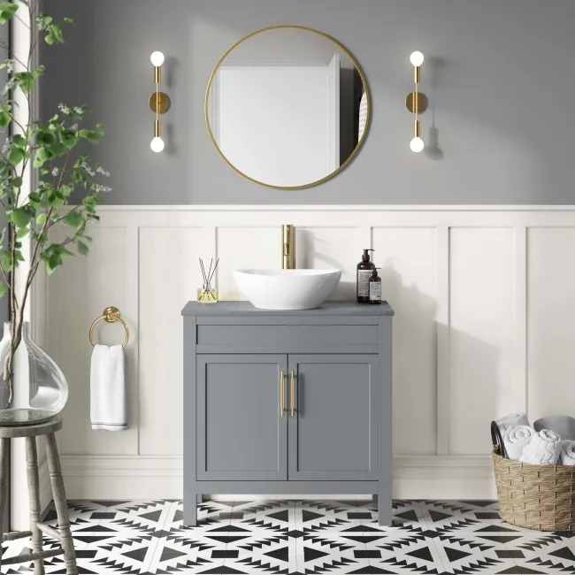 Bermuda Dove Grey Vanity with Oval Counter Top Basin 800mm - Brass Knurled Handles
