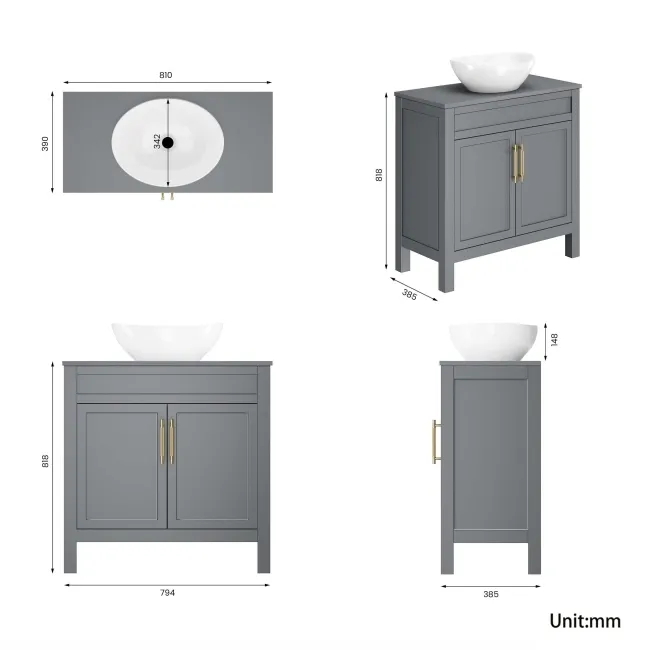 Bermuda Dove Grey Vanity with Oval Counter Top Basin 800mm - Brass Knurled Handles