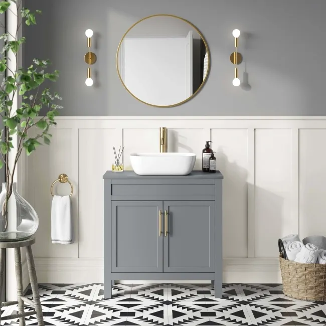 Bermuda Dove Grey Vanity with Curved Counter Top Basin 800mm - Brass Knurled Handles