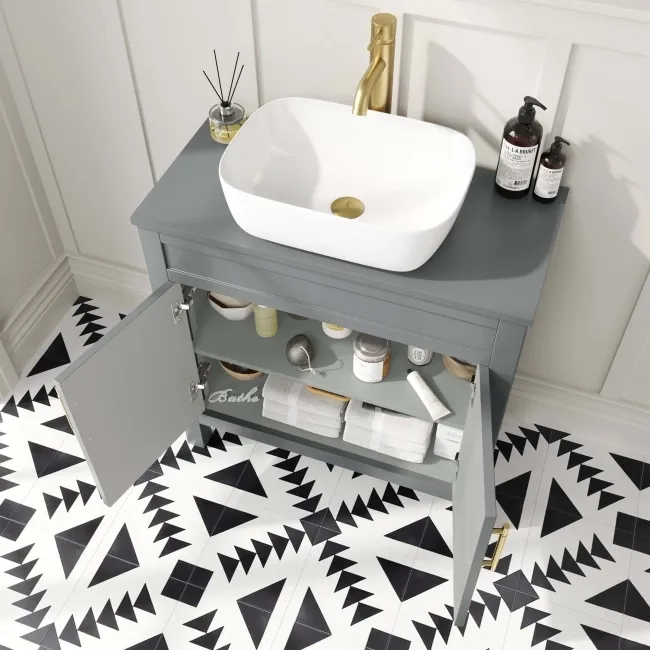 Bermuda Dove Grey Vanity with Curved Counter Top Basin 800mm - Brass Knurled Handles