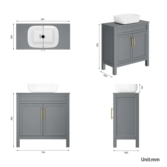 Bermuda Dove Grey Vanity with Curved Counter Top Basin 800mm - Brass Knurled Handles