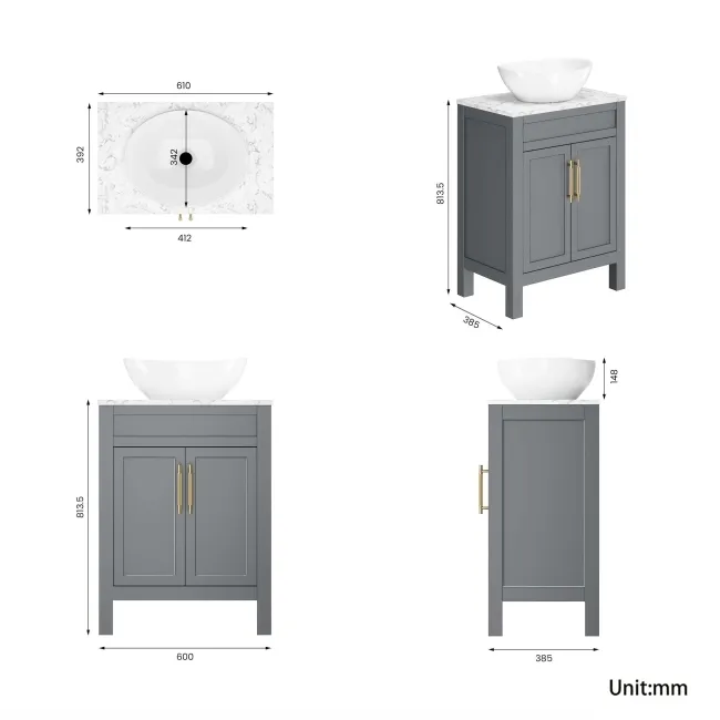 Bermuda Dove Grey Vanity with Marble Top & Oval Counter Top Basin 600mm - Brass Knurled Handles