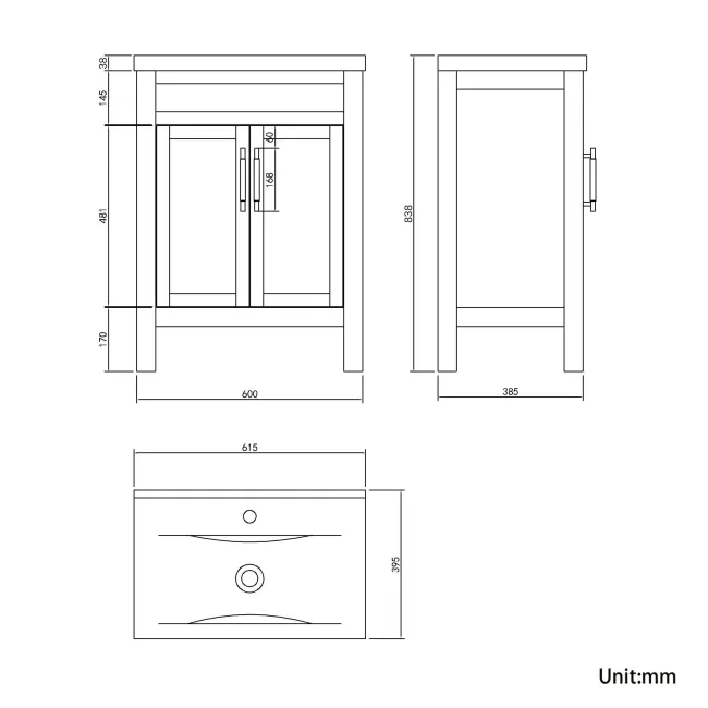 Bermuda Graphite Grey Basin Vanity 600mm - Brass Knurled Handles
