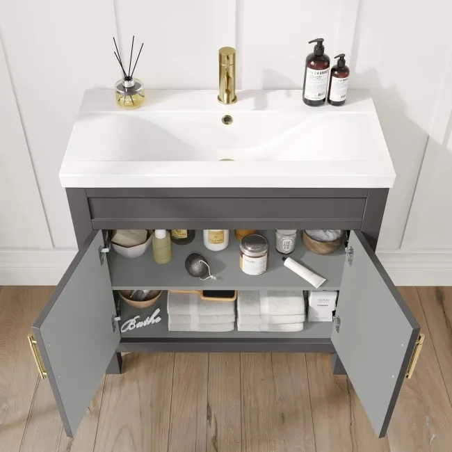 Bermuda Graphite Grey Basin Vanity 800mm - Brass Knurled Handles