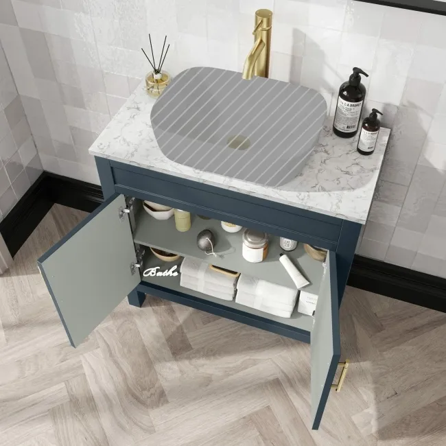 Bermuda Inky Blue Cabinet with Marble Top 800mm Excludes Counter Top Basin - Brass Knurled Handles