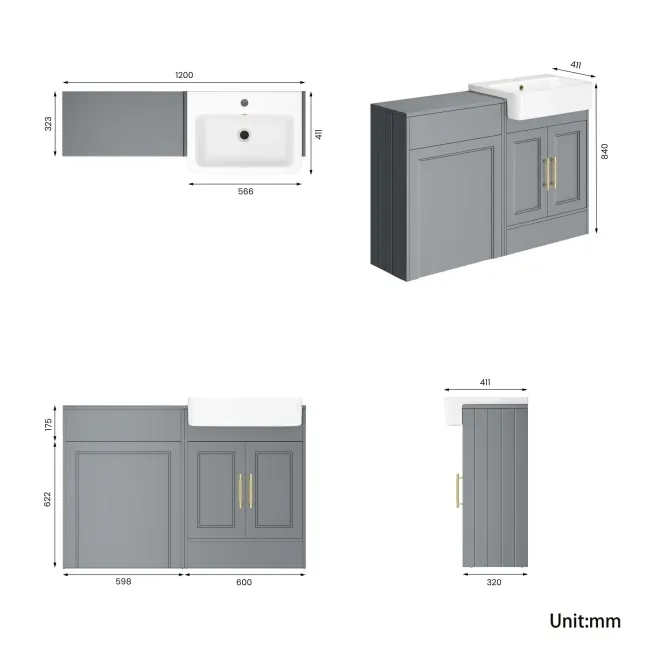 Monaco Dove Grey Basin Vanity and Back To Wall Toilet Unit 1200mm (Excludes Pan & Cistern) - Brass Knurled Handles