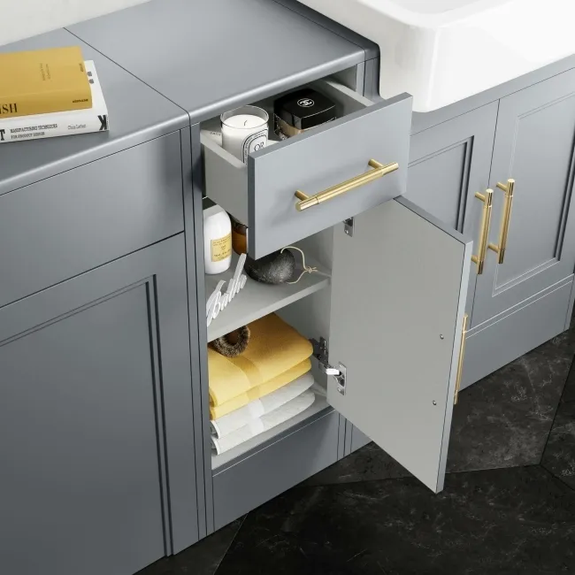 Monaco Dove Grey Combination Vanity Basin 1500mm (Excludes Pan & Cistern) - Brass Knurled Handles
