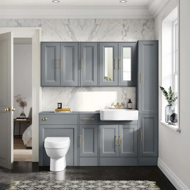 Monaco Dove Grey Combination Vanity Basin and Seattle Toilet 1500mm - Brass Knurled Handles