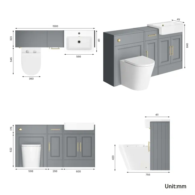 Monaco Dove Grey Combination Vanity Basin and Boston Toilet 1500mm - Brass Knurled Handles