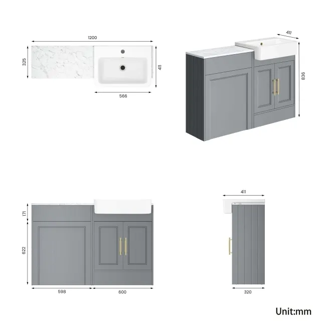 Monaco Dove Grey Combination Vanity Basin with Marble Top 1200mm (Excludes Pan & Cistern) - Brass Knurled Handles