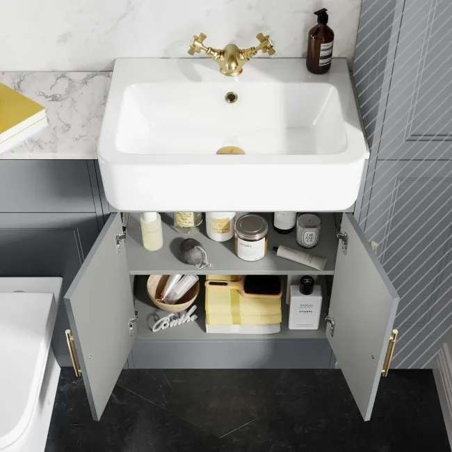 Monaco Dove Grey Combination Vanity Basin with Marble Top & Atlanta Toilet 1200mm - Brass Knurled Handles