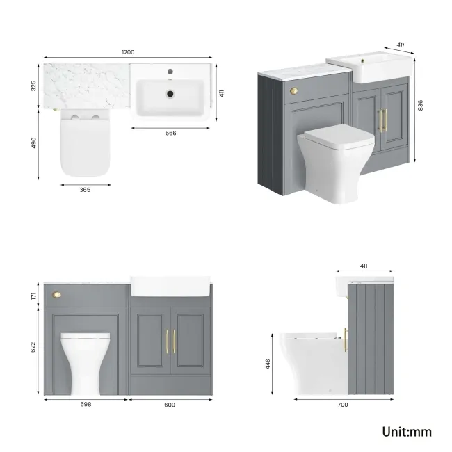 Monaco Dove Grey Combination Vanity Basin with Marble Top & Atlanta Toilet 1200mm - Brass Knurled Handles
