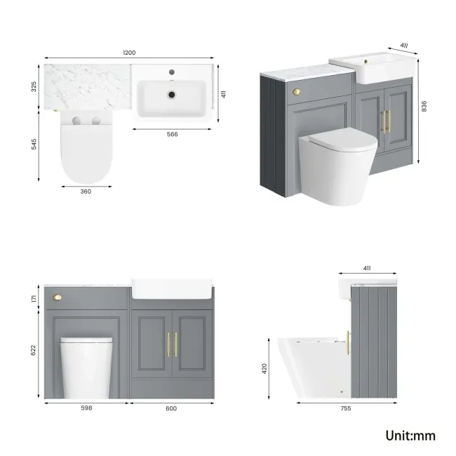 Monaco Dove Grey Combination Vanity Basin with Marble Top & Boston Toilet 1200mm - Brass Knurled Handles