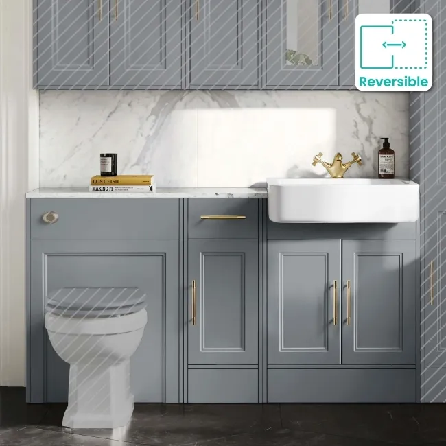 Monaco Dove Grey Combination Vanity Basin with Marble Top 1500mm (Excludes Pan & Cistern) - Brass Knurled Handles