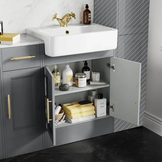 Monaco Dove Grey Combination Vanity Basin with Marble Top 1500mm (Excludes Pan & Cistern) - Brass Knurled Handles