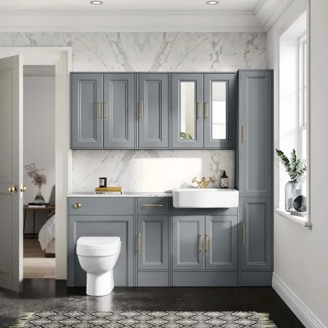 Monaco Dove Grey Combination Vanity Basin with Marble Top and Seattle Toilet 1500mm - Brass Knurled Handles