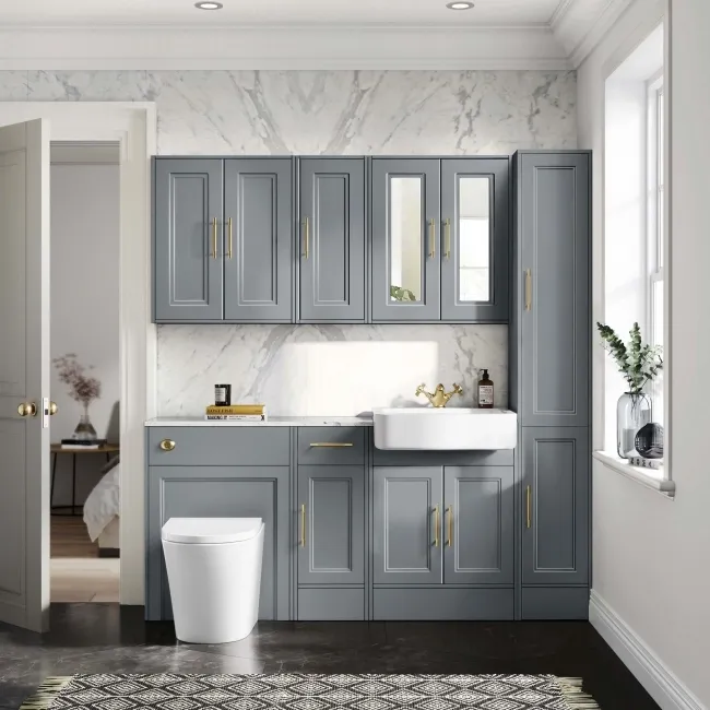 Monaco Dove Grey Combination Vanity Basin with Marble Top and Boston Toilet 1500mm - Brass Knurled Handles
