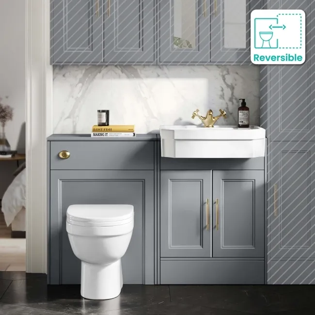 Monaco Dove Grey Combination Vanity Traditional Basin and Seattle Toilet 1200mm - Brass Knurled Handles
