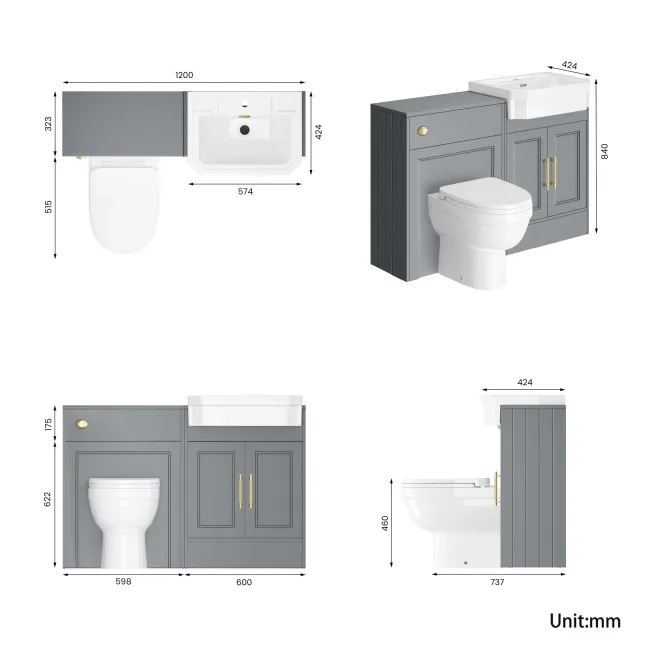 Monaco Dove Grey Combination Vanity Traditional Basin and Seattle Toilet 1200mm - Brass Knurled Handles