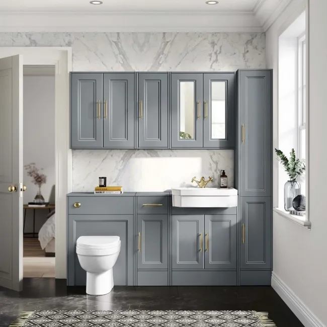 Monaco Dove Grey Combination Vanity Traditional Basin and Seattle Toilet 1500mm - Brass Knurled Handles