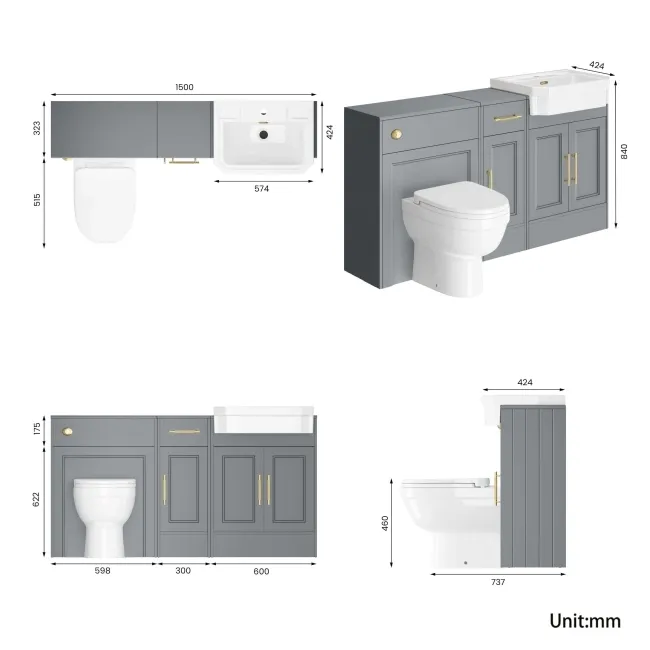 Monaco Dove Grey Combination Vanity Traditional Basin and Seattle Toilet 1500mm - Brass Knurled Handles
