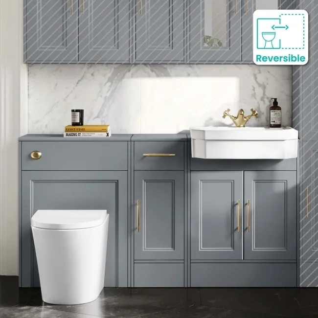 Monaco Dove Grey Combination Vanity Traditional Basin and Boston Toilet 1500mm - Brass Knurled Handles