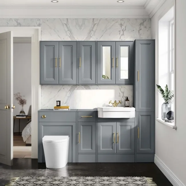 Monaco Dove Grey Combination Vanity Traditional Basin and Boston Toilet 1500mm - Brass Knurled Handles