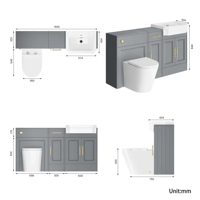 Monaco Dove Grey Combination Vanity Traditional Basin and Boston Toilet 1500mm - Brass Knurled Handles