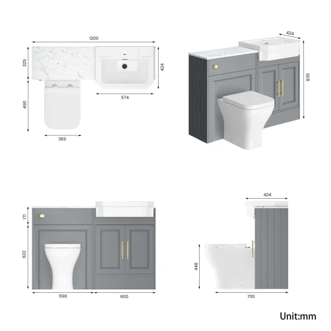 Monaco Dove Grey Combination Vanity Traditional Basin with Marble Top & Atlanta Toilet 1200mm - Brass Knurled Handles