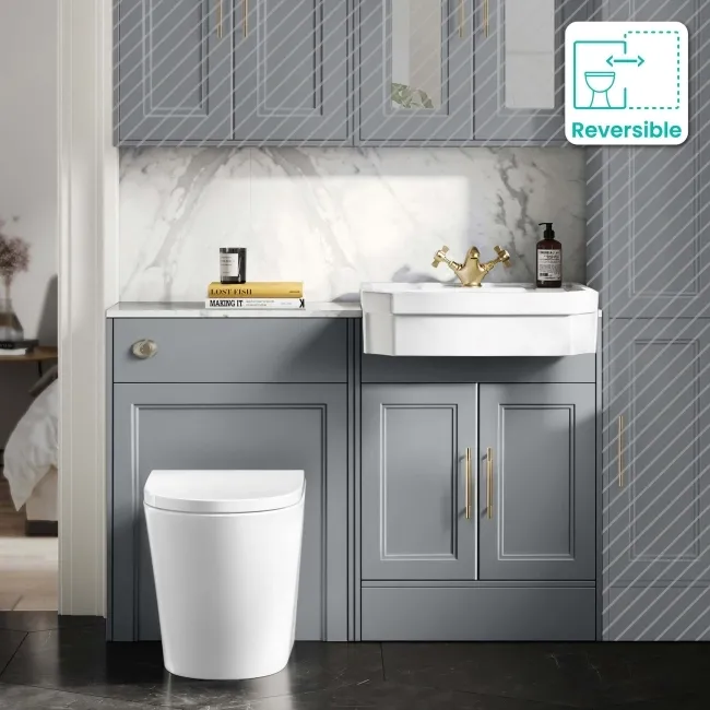 Monaco Dove Grey Combination Vanity Traditional Basin with Marble Top & Boston Toilet 1200mm - Brass Knurled Handles
