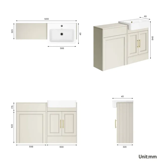 Monaco Chalk White Basin Vanity and Back To Wall Toilet Unit 1200mm (Excludes Pan & Cistern) - Brass Knurled Handles