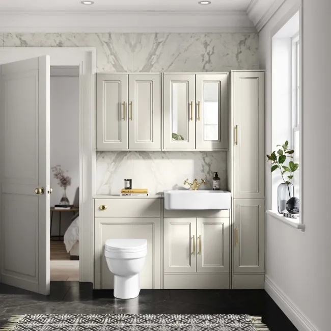 Monaco Chalk White Combination Vanity Basin and Seattle Toilet 1200mm - Brass Knurled Handles