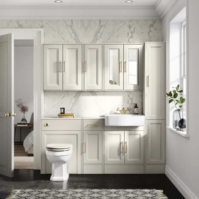 Monaco Chalk White Combination Vanity Basin 1500mm (Excludes Pan & Cistern) - Brass Knurled Handles